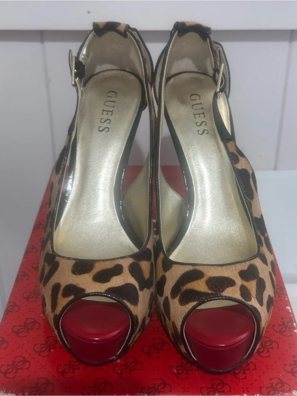 GUESS Leopard-Print Peep-Toe Slingback Heels with Red Platform